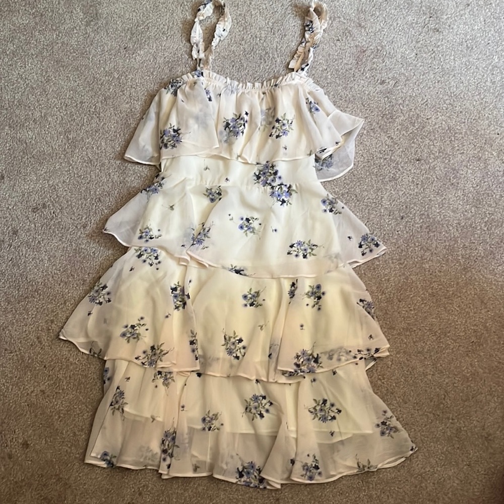 Tiered Ruffle Floral Sundress - Cream with Blue Bloom